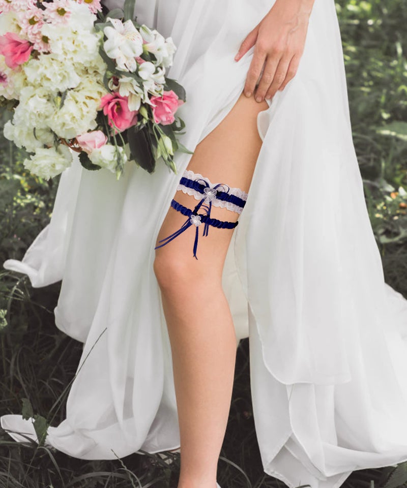 RIMOBUL 2 Pieces Wedding Garters Lace Bridal Garter Faux Pearls Garter for Bride with Toss Away (Royal Blue) - Image 5